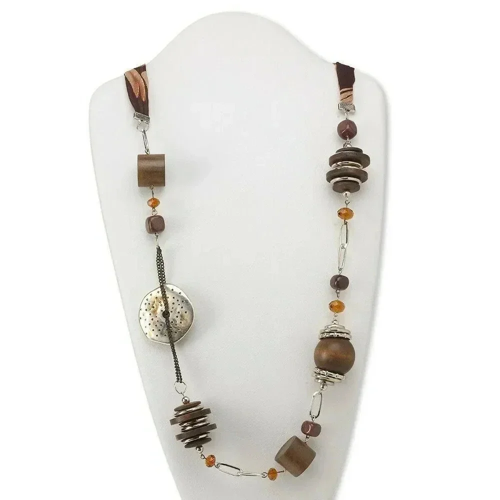 Bold Silver Brown Wood Porcelain Metal Acrylic Asymmetrical Statement Necklace